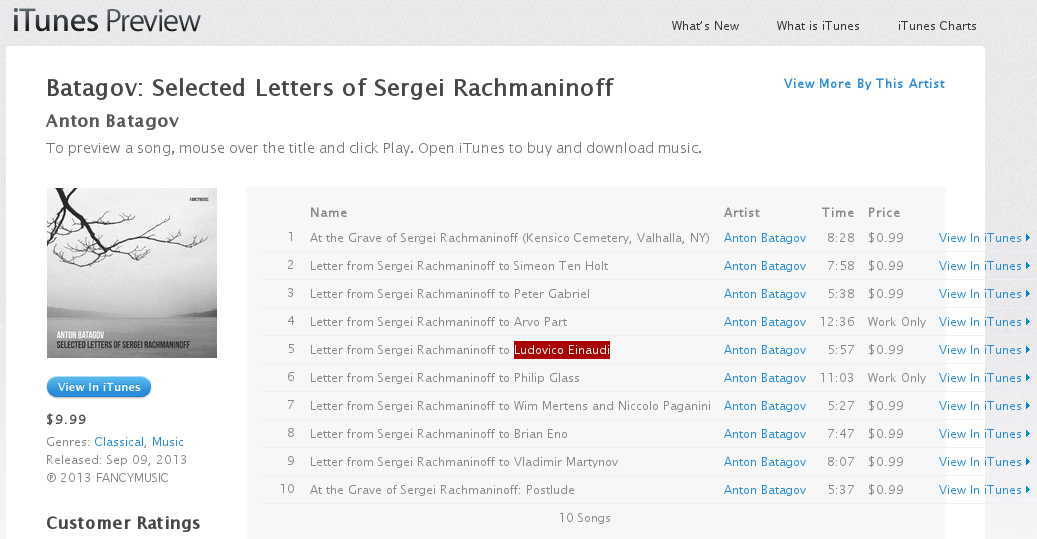 The album page in the iTunes Web site, modified to show the full track names.
         Track 5 is called "Letter from Sergei Rachmaninoff to Ludovico Einaudi", and
         Ludovico Einaudi's name is highlighted.