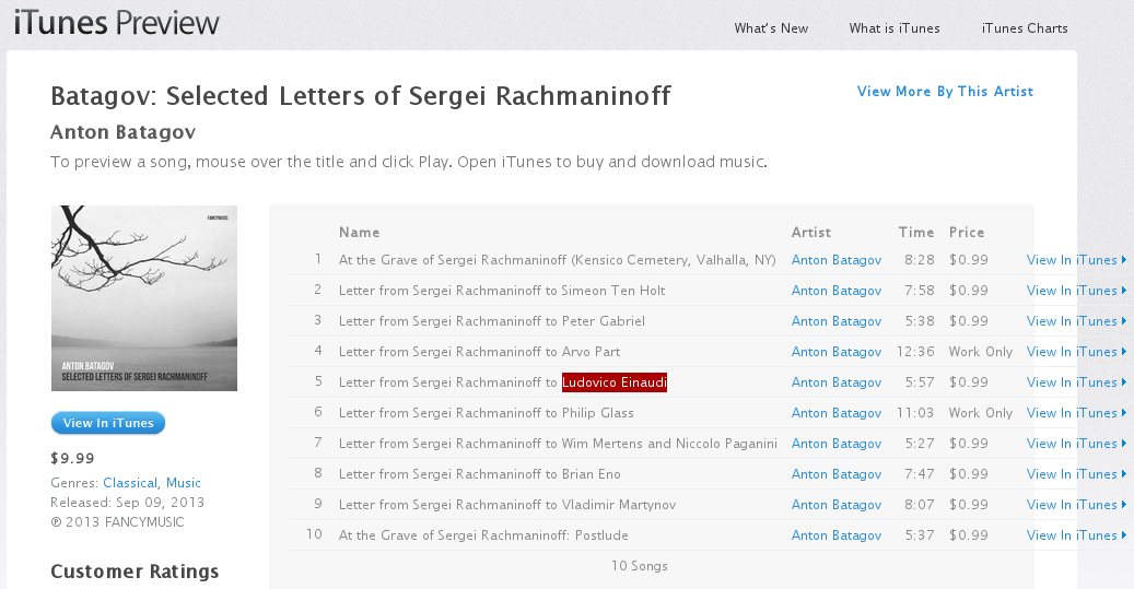 The album page in the iTunes Web site, modified to show the full track names.
    Track 5 is called "Letter from Sergei Rachmaninoff to Ludovico Einaudi", and
    Ludovico Einaudi's name is highlighted.